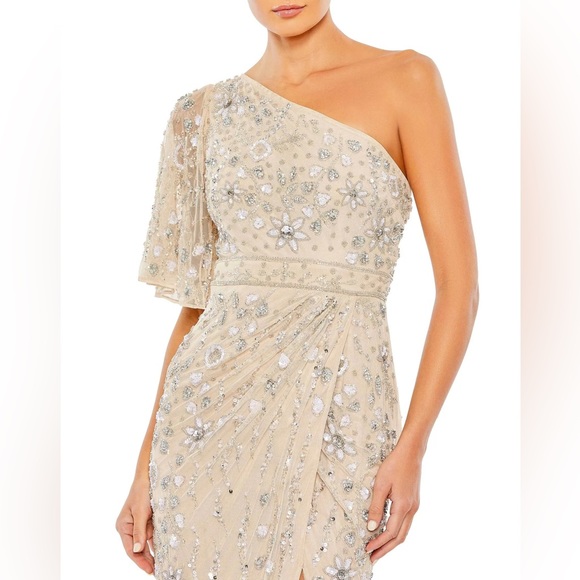 Mac Duggal Embellished One Shoulder Draped Maxi Gown Nude & Silver | Size 8 - Picture 2 of 16